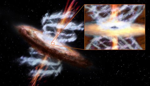 The supermassive black holes in active galaxies can produce narrow particle jets (orange) and wider streams of gas (blue-gray) known as ultra-fast outflows, which are powerful enough to regulate both star formation in the wider galaxy and the growth of the black hole. Inset: A close-up of the black hole and its accretion disk. (Artist concept credit: ESA/AOES Medialab)