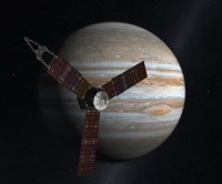 NASA’s Juno spacecraft passes in front of Jupiter in this artist’s depiction. Juno, the second mission in NASA’s New Frontiers program, will improve our understanding of the solar system by advancing studies of the origin and evolution of Jupiter. (NASA/JPL-Caltech)