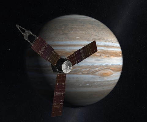 NASA's Juno spacecraft passes in front of Jupiter in this artist's depiction. Juno, the second mission in NASA's New Frontiers program, will improve our understanding of the solar system by advancing studies of the origin and evolution of Jupiter. (NASA/JPL-Caltech)