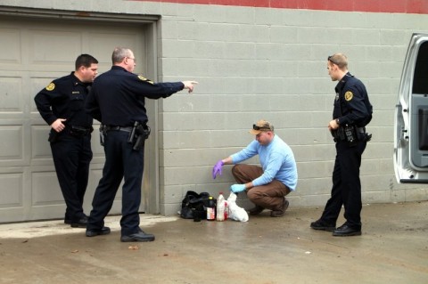 Clarksville Police investigate a One Pot Meth Lab in a bag found on Kraft Street. (Photo by CPD-Jim Knoll)