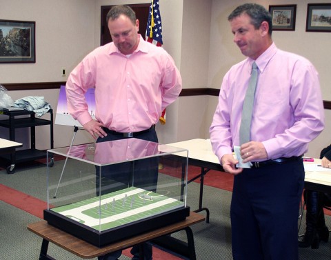 Military Affairs Committee Chairman, Jeff Truitt and Chamber Second Vice-Chairman, Jim Durrett, present the “Statues of Patriots Park” project to a group of MAC members on Thursday morning.