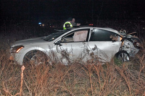 2008 Nissan Maxima went off the right side of Tiny Town Road and collided with a tree. (Photo by CPD Melissa Spielhagen)