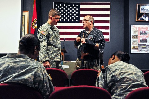 John E. Foley, technician, collections manager and foreign weapons instructor at Fort Campbell’s Don F. Pratt Museum, teaches the deploying Security Force Assistance Teams of the 2nd Brigade Combat Team, 101st Airborne Division (Air Assault), on the functions of an AK-47 series weapon at the museum, Feb. 27th. The Strike Soldiers were trained on foreign weapons commonly seen in Afghanistan. (U.S. Army photo by Sgt. Joe Padula, 2nd BCT PAO, 101st Abn. Div.)