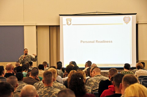 Col. Dan Walrath, the commander of the deploying Security Force Assistance Teams with the 2nd Brigade Combat Team, 101st Airborne Division (Air Assault), provides information regarding personal readiness with families and Strike Soldiers during the brigade’s pre-deployment brief held at Fort Campbell’s Passenger Processing Facility, March 6th. Walrath’s intent was to inform the attendees on Strike’s current situation and programs available to the deployed Soldier Families. (U.S. Army photo by Sgt. Joe Padula, 2nd BCT PAO, 101st Abn. Div.)