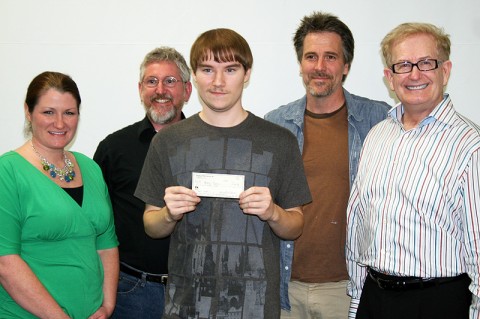 Representatives from the Rivers & Spires Festival present Lucas Freeze with a check for his winning piece of artwork. (L-R) Robin Burton, VP Marketing City-County Economic Development Council; Kell Black, Chairman Austin Peay Department of Art; Lucas Freeze; Mark DeYoung, Assistant Professor; Doug Barber, Festival Director.