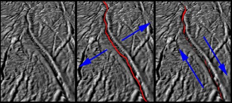 These images, based on ones obtained by NASA's Cassini spacecraft, show how the pull of Saturn's gravity can deform the surface of Saturn's moon Enceladus in the south polar region crisscrossed by fissures known as "tiger stripes." (Image credit: NASA/JPL-Caltech/SSI/LPI/GSFC) These images, based on ones obtained by NASA's Cassini spacecraft, show how the pull of Saturn's gravity can deform the surface of Saturn's moon Enceladus in the south polar region crisscrossed by fissures known as "tiger stripes." (Image credit: NASA/JPL-Caltech/SSI/LPI/GSFC)