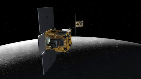 An artist's depiction of the GRAIL twins (Ebb and Flow) in lunar orbit. During GRAIL's prime mission science phase, the two spacecraft orbited the moon as high as 31 miles (51 kilometers) and as low as 10 miles (16 kilometers). (Image credit: NASA/Caltech-JPL/MIT)