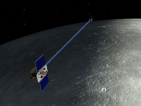 An artist's depiction of the twin spacecraft that comprise NASA's Gravity Recovery And Interior Laboratory (GRAIL) mission. As the GRAIL twins (Ebb and Flow) fly over areas of greater and lesser gravity at 3,600 mph (5,800 kilometers per hour), surface features such as mountains and craters, and masses hidden beneath the lunar surface, can influence the distance between the two spacecraft. (Image credit: NASA/Caltech-JPL/MIT)