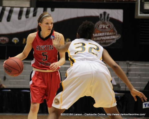 APSU's Nicole Olszewski finds herself stopped cold by Murray State's Candace Nevels during the Quarterfinal game at the OVC Tournament