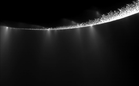 Dramatic plumes, both large and small, spray water ice from many locations near the south pole of Saturn's moon Enceladus. More than 30 individual jets of different sizes can be seen in this image captured during a flyby of NASA's Cassini spacecraft on November 21st, 2009. (Credit: NASA/JPL/Space Science Institute)