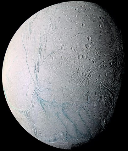 The watery plumes of Enceladus come from icy fissures nicknamed "tiger stripes." (Credit: Cassini Imaging Team, SSI, JPL, ESA, NASA)