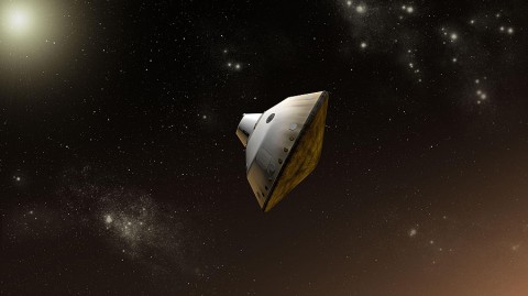 This is an artist's concept of NASA's Mars Science Laboratory aeroshell capsule as it enters the Martian atmosphere. The Curiosity rover and the spacecraft's descent stage are safely tucked inside the aeroshell at this point. The aeroshell includes a heat shield (on the right, facing in the direction of travel through the atmosphere) and backshell. The diameter of the aeroshell is 14.8 feet (4.5 meters), the largest ever used for a mission to Mars. (Image credit: NASA/JPL-Caltech) This is an artist's concept of NASA's Mars Science Laboratory aeroshell capsule as it enters the Martian atmosphere. The Curiosity rover and the spacecraft's descent stage are safely tucked inside the aeroshell at this point. The aeroshell includes a heat shield (on the right, facing in the direction of travel through the atmosphere) and backshell. The diameter of the aeroshell is 14.8 feet (4.5 meters), the largest ever used for a mission to Mars. (Image credit: NASA/JPL-Caltech)