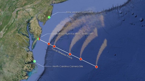 The red dots over the water show where ATREX will deploy chemical tracers to watch how super fast winds move some 60 miles up in the atmosphere. While there are only five rockets, two will deploy two sets of tracers, resulting in seven clouds. Only six dots appear in this image, since two will be deployed at the left-most red/green dot, which represents Wallops. Three cameras will track the cloud tracers – one at Wallops and two located at the green dots. (Credit: NASA/Goddard Space Flight Center)