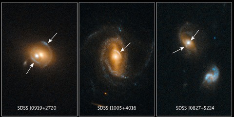 The Hubble Space Telescope's sharp view was used to look for gravitational arcs and rings (indicated by arrows), which are produced when one galaxy acts as a lens to magnify and distort the appearance of another galaxy behind it. In this case, the foreground galaxies contain actively accreting black holes called quasars. (Image credit: NASA, ESA, EPFL (Switzerland))