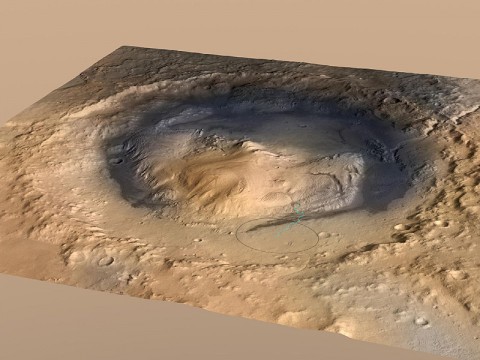 Curiosity, the big rover of NASA's Mars Science Laboratory mission, will land in August 2012 near the foot of a mountain inside Gale Crater. (Image Credit: NASA/JPL-Caltech/ESA/DLR/FU Berlin/MSSS)