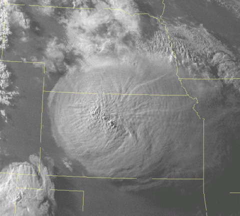 A satellite image of a supercell thunderstorm with overshooting tops over Kansas. (Credit: NWS)