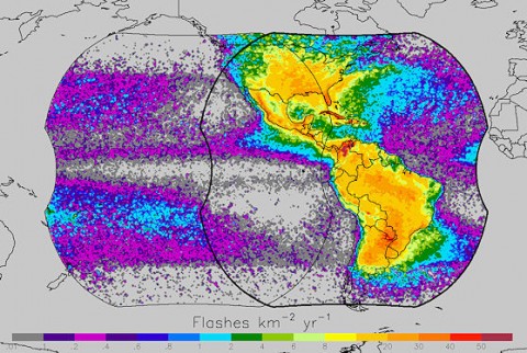 A global view of lightning: This map superimposes the field of view of two GOES-R satellites on a 10-yr of record lightning observations from NASA's previous space-based lightning detectors (TRMM/LIS & OTD). 