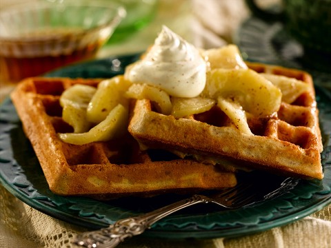 Belgian Pecan Waffles With Cinnamon Apples and Whipped Cream