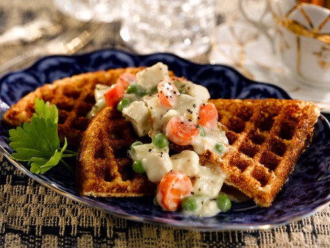 Creamed Chicken on Corn Meal Waffles