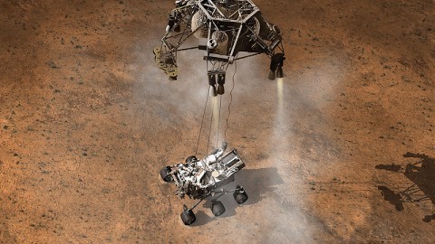 This artist's concept depicts the moment that NASA's Curiosity rover touches down onto the Martian surface. The entry, descent, and landing (EDL) phase of the Mars Science Laboratory mission begins when the spacecraft reaches the Martian atmosphere, about 81 miles (131 kilometers) above the surface of the Gale crater landing area, and ends with the rover safe and sound on the surface of Mars. (Image Credit: NASA/JPL-Caltech)