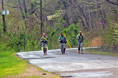 Strike headquarters personnel with 2nd Brigade Combat Team, 101st Airborne Division (Air Assault), run towards the finish line completing a 4-mile combat physical training course at Fort Campbell’s ‘Cav-Country’ Mar. 22nd. The Strike Brigade’s legal team, human resource shop, medical operations office and other staff personnel conduct physical training on a weekly basis. (U.S. Army photo by Sgt. Joe Padula, 2nd BCT PAO, 101st Abn. Div.)