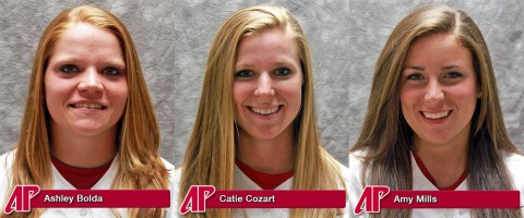 Austin Peay Softball's three seniors, Ashley Bolda, Catie Cozart, and Amy Mills.