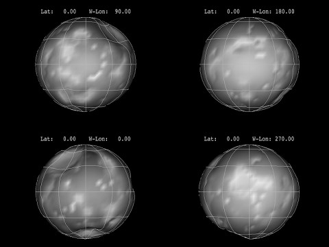 This panel of images shows the nearly spherical shape of Saturn's moon Phoebe, as derived from imaging obtained from NASA's Cassini spacecraft. Each image represents a 90-degree turn. (Image credit: NASA/JPL-Caltech/SSI/Cornell)