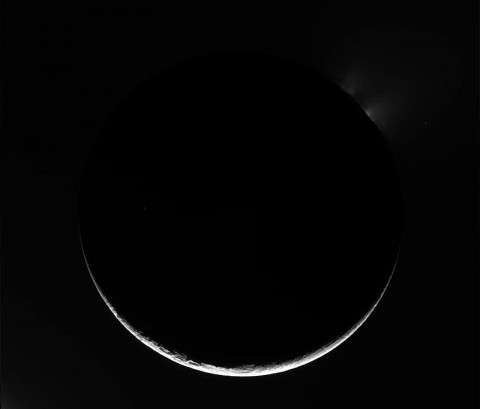 This image was taken by NASA's Cassini spacecraft on April 14th, 2012. The camera was pointing toward Enceladus at approximately 75,067 miles (120,808 kilometers) away. (Image Credit: NASA/JPL/Space Science Institute)