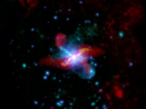 The peculiar galaxy Centaurus A as seen in longer infrared wavelengths and X-rays. Inner structural features seen in this image are helping scientists to understand the mechanisms and interactions within the galaxy, as are the jets seen extending over thousands of light years from the black hole believed to be at its heart. (Credits: Far-infrared: ESA/Herschel/PACS/SPIRE/C.D. Wilson, MacMaster University, Canada; X-ray: ESA/XMM-Newton/EPIC)