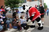 The Chick-Fil-A Cow High Fives a young parade watcher