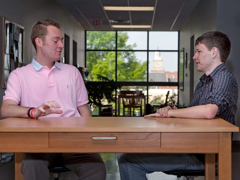 APSU physics students Drew Kerr (left) and Mason Yost are recipients of the prestigious Barry M. Goldwater Scholarship this year. (Photo by Beth Liggett/APSU).