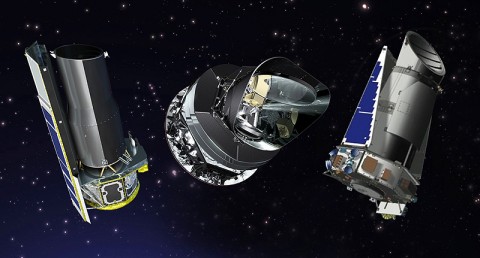 From left to right, artist's concepts of the Spitzer, Planck and Kepler space telescopes. NASA extended Spitzer and Kepler for two additional years; and the U.S. portion of Planck, a European Space Agency mission, for one year. The relative sizes of the artist's concepts are not to scale. (Image credit: NASA/JPL-Caltech)