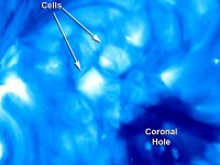 The changes of a coronal cell region as solar rotation carries it across the solar disk as seen with NASA’s STEREO-B spacecraft. The camera is fixed on the region (panning with it) and shows the plumes changing to cells and back to plumes again — based on the observatory’s perspective — during the interval June 7th-14th, 2011. (Credit: NASA/STEREO/NRL)