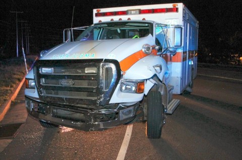 2008 Honda Civic turns in front of EMS Ambulance running Emergency Traffic on Tiny Town Road. The ambulance collided with the Civic which then went down an embankment. (Photo by CPD-Jim Knoll)