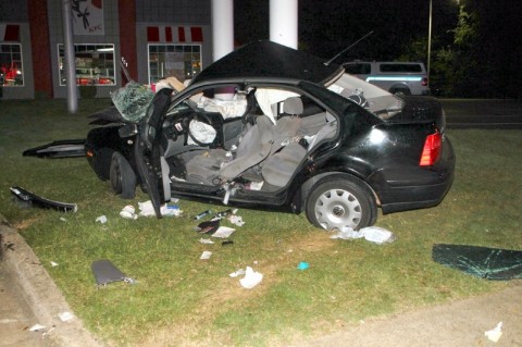 A 2002 VW Jetta crashed into a pole on the lot of Kentucky Fried Chicken on North Second Street early Sunday Morning. (Photo by CPD) A 2002 VW Jetta crashed into a pole on the lot of Kentucky Fried Chicken on North Second Street early Sunday Morning. (Photo by CPD)