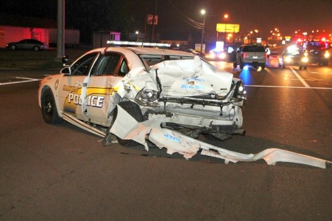 Clarksville DUI Special Patrol Car rear ended on Fort Campbell Boulevard by a drunk driver in a Chevrolet Impala. (Photo by CPD-Jim Knoll)