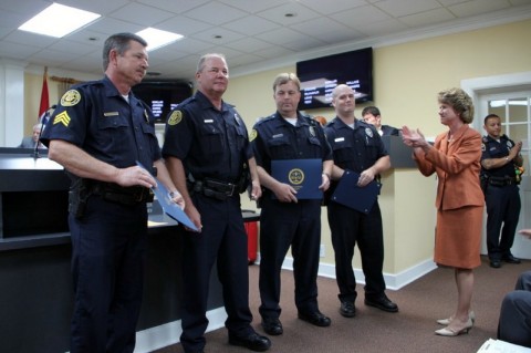Presentation-Left to right—Clarksville Mayor Kim McMillan, Sgt Andy Hagewood, Officer James Eure, Officer Shawn Brown, Officer Travis Baker. (Photo by CPD Jim Knoll) Presentation-Left to right—Clarksville Mayor Kim McMillan, Sgt Andy Hagewood, Officer James Eure, Officer Shawn Brown, Officer Travis Baker. (Photo by CPD Jim Knoll)