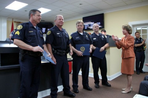 Presentation-Left to right—Clarksville Mayor Kim McMillan, Sgt Andy Hagewood, Officer James Eure, Officer Shawn Brown, Officer Travis Baker. (Photo by CPD Jim Knoll)