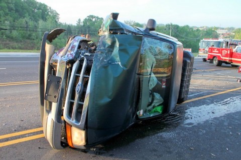 The Ford Ranger that rear-ended a Chevy S-10 pickup on Wilma Rudolph Boulevard that had slowed down for a GMC pickup that had run off the road. The driver of the Ford Ranger was looking at the vehicle off the road and failed to notice the Chevy truck slowing down. (Photo by CPD Jim Knoll)