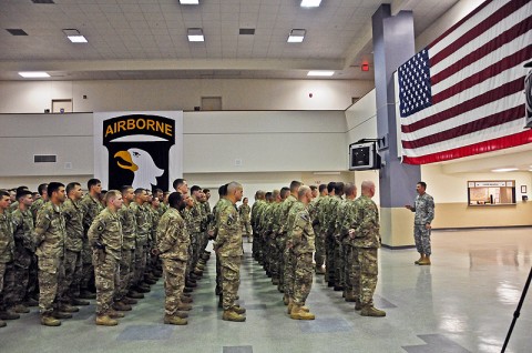 Maj. Gen. James McConville, commander of the 101st Airborne Division (Air Assault) and Fort Campbell, speaks to the deploying advisory teams of the 2nd Brigade Combat Team, 101st Abn. Div., at Fort Campbell’s flight line moments before Strike’s departure for eastern Afghanistan, Apr. 28th. The 101st’s Strike Brigade is sending advisory teams for the Afghan National Security Forces in support of Operation Enduring Freedom. (U.S. Army photo by Sgt. Joe Padula, 2nd BCT PAO, 101st Abn. Div.)