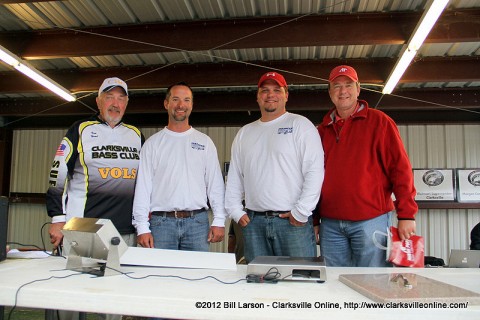 Michael Wilson won the grand prize door prize drawing of a 150HP Mercury FourStroke motor, valued at more than $13,000. (L to R) Kenneth Head; Clarksville Bass Club, Michael Wilson, Jonathan Puckett, and Steve Shaw; Director of Corporate Relations at APSU.