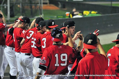 Members of the Govs celebrate after a victory earlier this season. The Govs scored two runs in the bottom of the second and hung on for a 3-1 non-conference win over Lipscomb Tuesday night. Austin Peay Baseball.