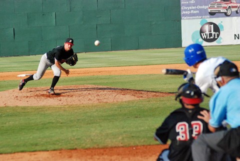 Starting his second game of the day, Austin Peay's Kacy Kemmer tossed a complete game shutout to push Austin Peay past Eastern Illinois 7-0 and force a second championship game on Sunday. Austin Peay Baseball. (Courtesy: Olivia Westover)