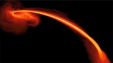 This computer-simulated image shows gas from a tidally shredded star falling into a black hole. (Image credit: NASA/JPL-Caltech/JHU/UCSC)