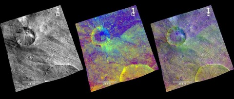 Aquilia Area in Color - These composite images from the framing camera aboard NASA's Dawn spacecraft show three views of a terrain with ridges and grooves near Aquilia crater in the southern hemisphere of the giant asteroid Vesta. (Image credit: NASA/JPL-Caltech/UCLA/MPS/DLR/IDA)