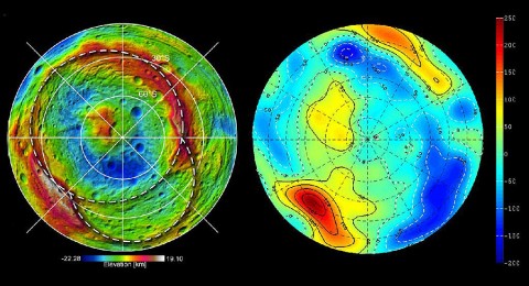 Shape and Gravity of Vesta's South Pole - This set of images from NASA's Dawn mission shows topography of the southern hemisphere of the giant asteroid Vesta and a map of Vesta's gravity variations that have been adjusted to account for Vesta's shape. (Image credit: NASA/JPL-Caltech/UCLA/MPS/DLR/IDA)