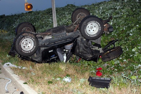 1997 Jeep Wrangler went off the road and down an emabankment off Peachers Mill Road Sunday Morning. (Photo by CPD-Officer Melissa Spielhagen)