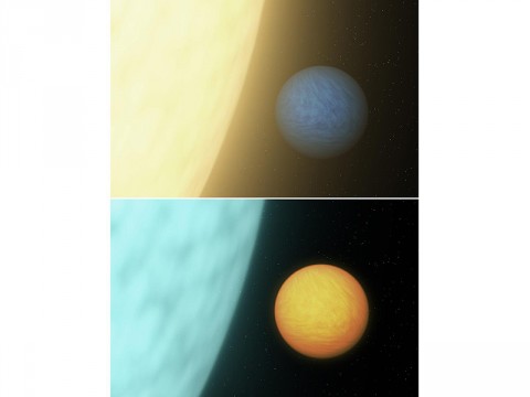 NASA's Spitzer Space Telescope was able to detect a super Earth's direct light for the first time using its sensitive heat-seeking infrared vision. As this artist's concept shows, in visible light, a planet is lost in the glare of its star (top view). When viewed in infrared, the planet becomes brighter relative to its star. This is largely due to the fact that the planet's scorching heat blazes with infrared light. Even on our own bodies emanate more infrared light than visible due to our heat. (NASA/JPL-Caltech)