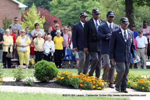 The colors were posted by the Elester Garner Chapter of the 555th Triple Nickel as members of the Gold Star Wives look on during last year's Memorial Day Ceremony.