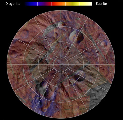 Mineral Diversity at Vesta's South Pole - This image, made from data obtained by NASA's Dawn spacecraft, shows the mineral distribution in the southern hemisphere of the giant asteroid Vesta. (Image credit: NASA/JPL-Caltech/UCLA/INAF/MPS/DLR/IDA)